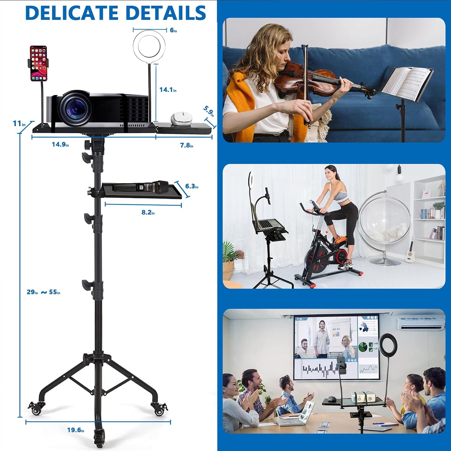 Projector Tripod Stand with Wheels Laptop Tripod Stand Projector Tripod Laptop Stand Floor Stand Live Stream Stand Treadmill Stand Music Stand with 6" LED Ring Light for Online Meeting Recording